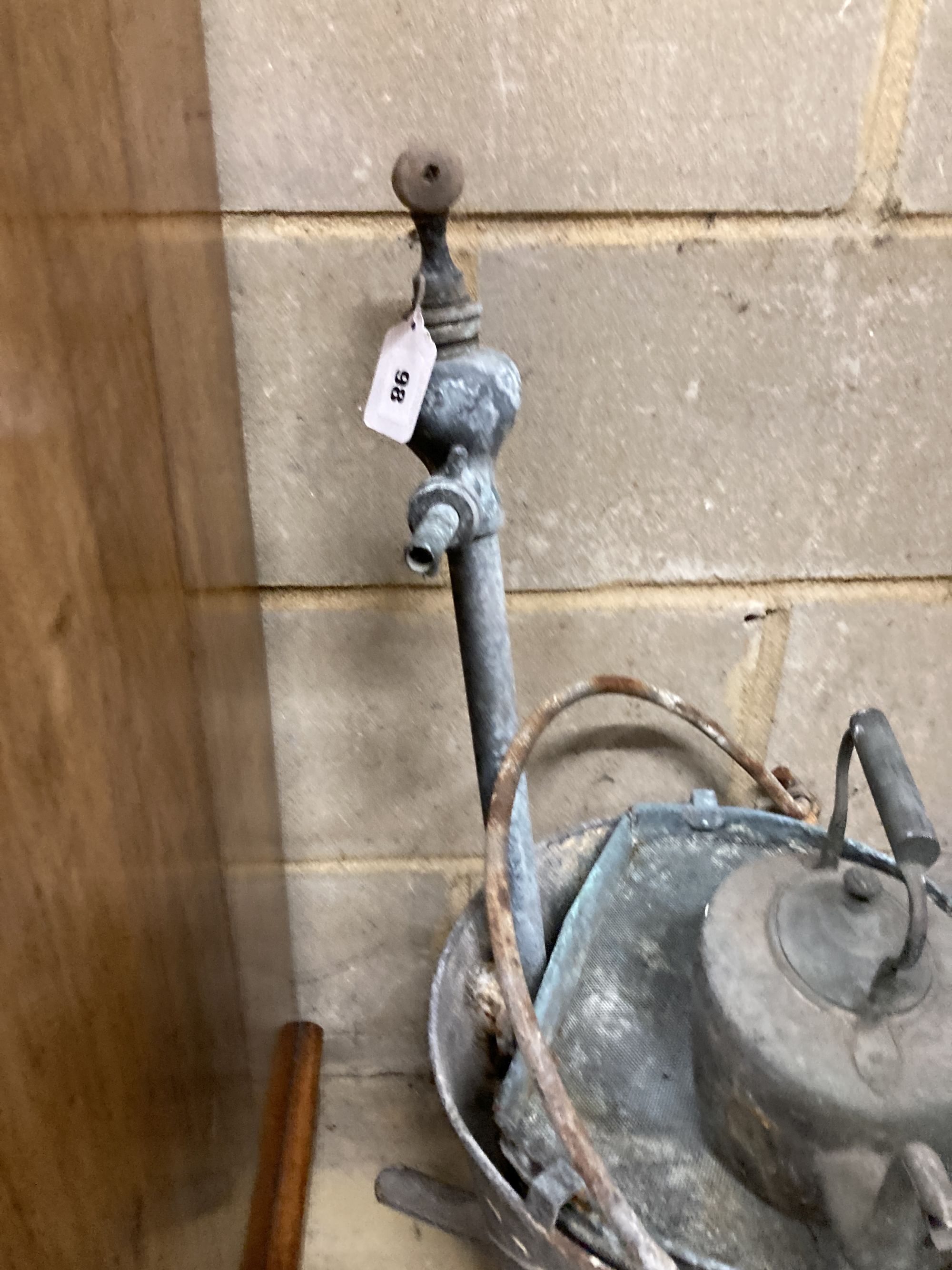 A Victorian copper pan, a kettle and a galvanised spray bucket